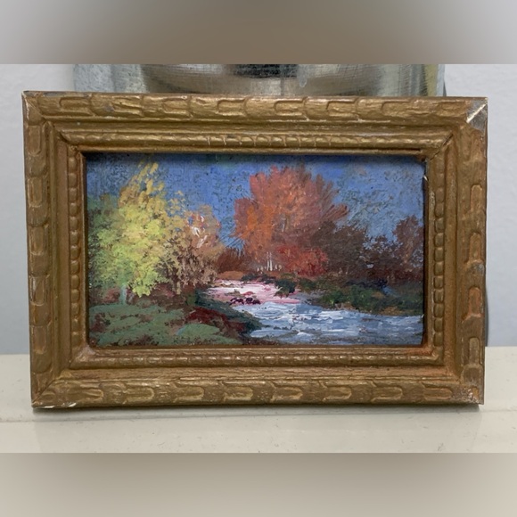 Antique Miniature Gold Painted Wooden Framed Original Nature Scene Oil Painting - Picture 2 of 16